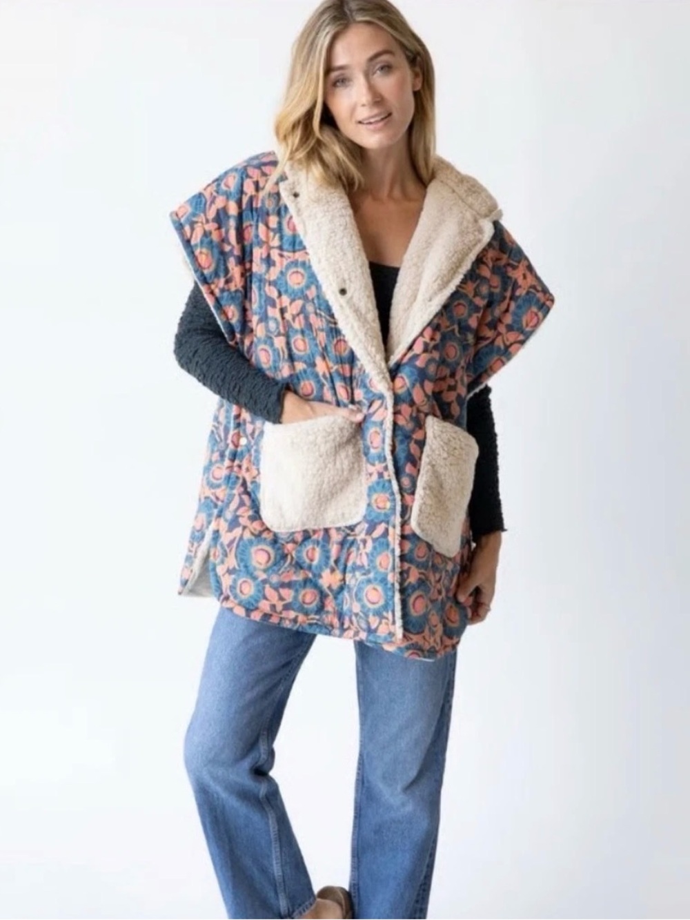 Natural Life Teal Dahlia Sherpa-Lined Hooded Camp Cape Vest